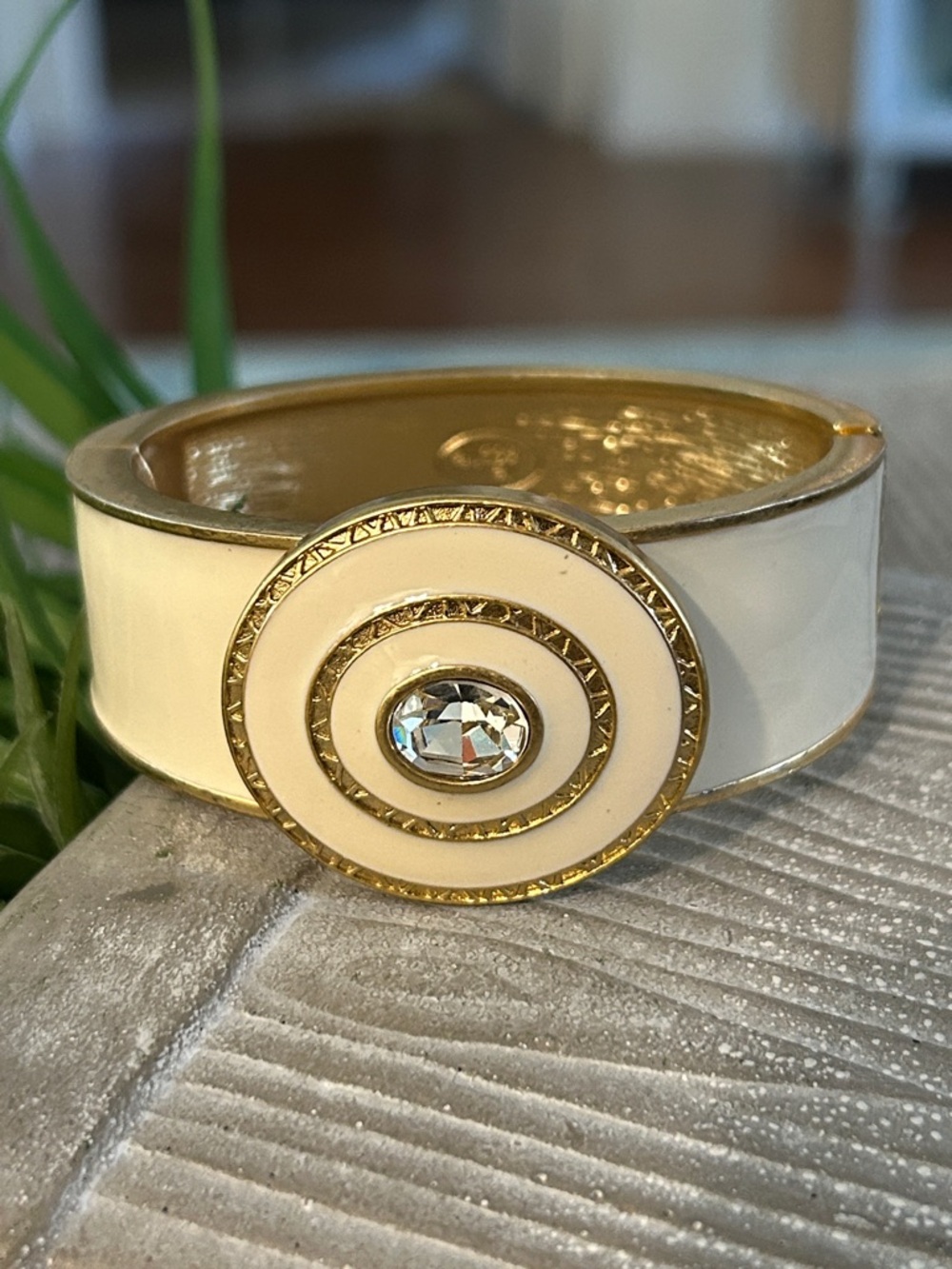 Lia Sophia Cream and Goldtone clamper Bracelet clear rhinestone center